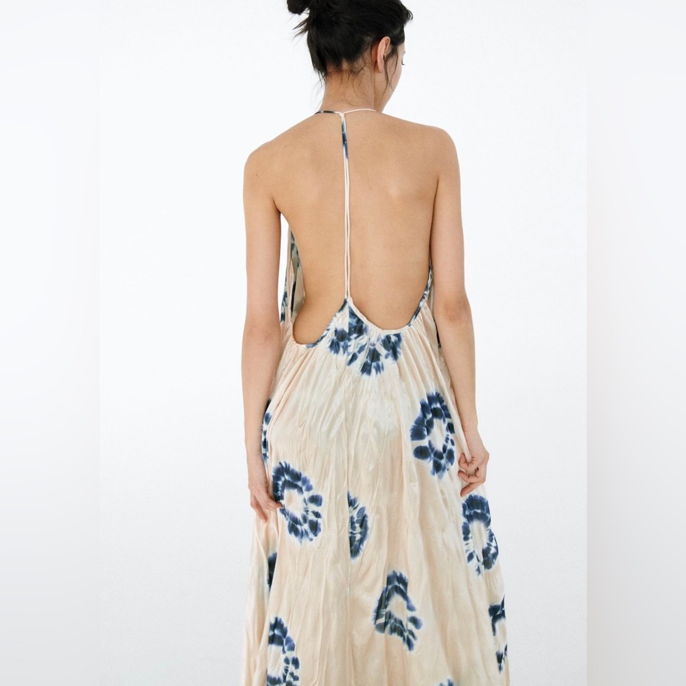 ZARA WRINKLE SATIN EFFECT MAXI LONG DRESS WHITE BLUE NWOT S - Picture 9 of 14